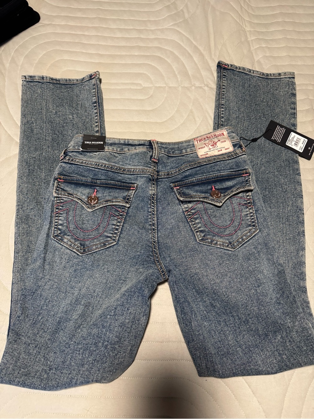 True Religion Light Blue Straight Leg Jeans with Pink Stitching